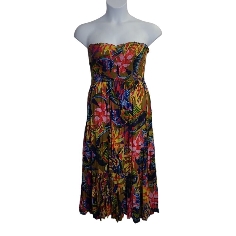 AERIE‎ tropical floral strapless smocked gauzy  midi dress M